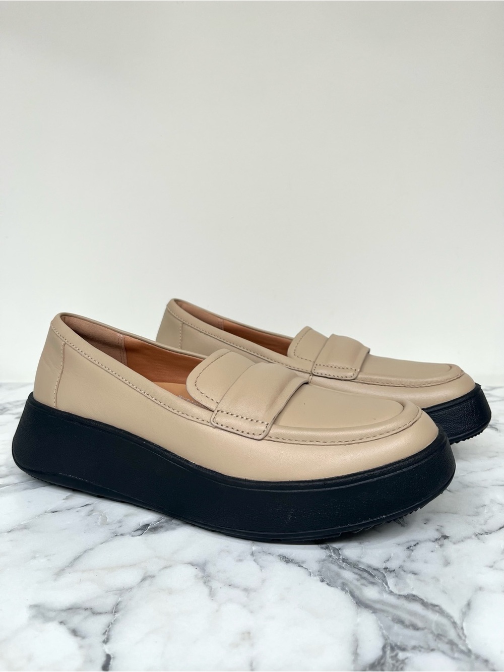 Fitflop F-Mode Flatform Padded Loafer Platform Latte Beige Black Leather Size 8